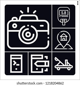 Set of 6 device outline icons such as camera, gps, catapult, smartphone, sugar blood level