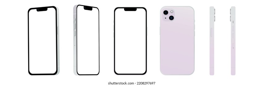 Set of 6 different angles, Purple smartphone 14 models, new IT industry, mockup for web design on a white background - Vector illustration