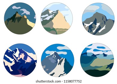 Set of 6 different beautiful icons of mountains