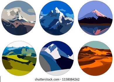 Set of 6 different beautiful icons of mountains.