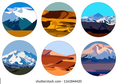 Set of 6 different beautiful icons of mountains