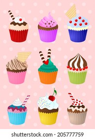 Set of 6 different color cupcake. Colorful cupcakes collection vector art image illustration, isolated on red and white dotted pattern background