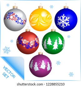 Set of 6 different colored realistic balls for a Christmas tree. Vector template for Chrismas or New Year. Isolated on white.