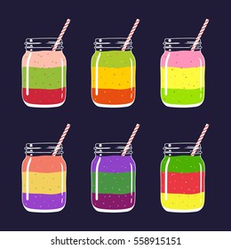Set of 6 different colorful layered smoothies in mason jars with striped straws. Fresh natural healthy fruit and berry drinks, isolated. Vector hand drawn illustration eps10.
