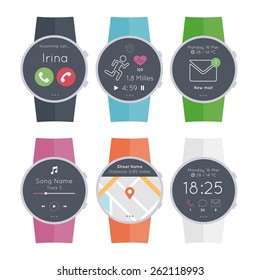 Set 6 different colors circular smart watch. Flat design style modern vector illustration concept of smartwatch gadget, phone calls, sms, mails, music media player, location, running... 