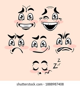 Conjunto de 6 expresiones diferentes de emociones. Ilustración vectorial de caras lindas de dibujos animados.