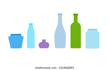 Set of 6 different glass jars and bottles. Vector illustration in flat style.