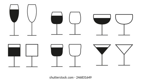 Set of 6 different glasses icons - all with and without drink