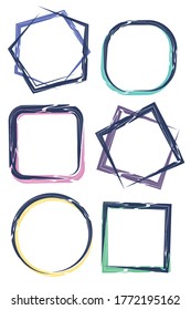 A set of 6 different isolated frames for graphic design, social media design. Frames are square, pentagonal, and round. Blue grunge lines drawn with a brush. Colored shadows of pleasant pastel tones