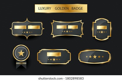 Set of 6 different luxury golden badges with shiny metallic blank labels for copyspace and stars over black, colored vector illustration