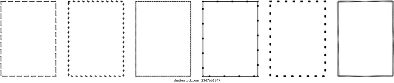 Set of 6 different rectangle frames on white background. Square borders or frames isolated on white, vector illustration. 
