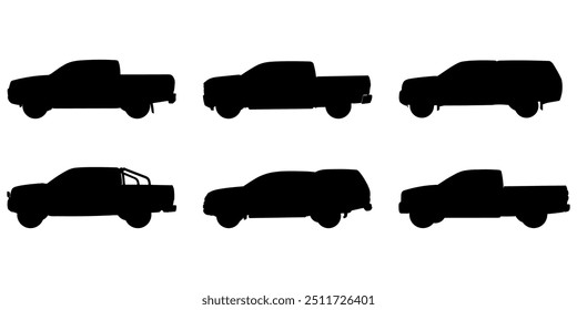 Set with 6 different silhouette types of suv pick-up track cars in vector, side view. Doodle collection.