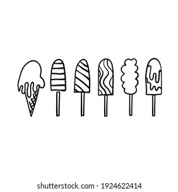 Set of 6 different size ice creams. Vector illustration. Colorin gbook elements.