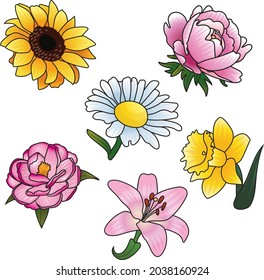 Set of 6 different species of flowers, they can be printed as stickers and greeting cards or used in any digital media.