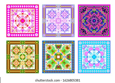 Set of 6 different square ornaments done in kaleidoscopic style. Beautiful background for pillow, table napkin, coverlet. Modern print with popular folk decoration. Vector flat geometrical image.
