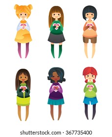 set of 6 different vector girls with a valentine card