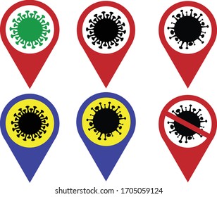 Set Of 6 Different Virus Cells Map Pins. Viruses Location Dropper/ Covid-19/ Coronavirus Disease 2019 Geography/ Vector Icon For Mapping Or Design/ SARS-CoV-2/ Pandemic Outbreak/teardrop-shaped Marker