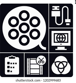 Set of 6 digital filled icons such as film reel, survey, cmyk, usb cable