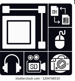 Set of 6 digital filled icons such as photo camera, video camera, exchange, , mouse