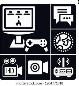 Set of 6 digital filled icons such as gaming, video camera, router, worldwide, chatting