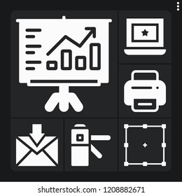 Set of 6 digital filled icons such as edit, analytics, access, printer, inbox