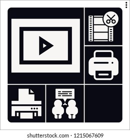 Set of 6 digital filled icons such as film reel, conversation, sphere, printer