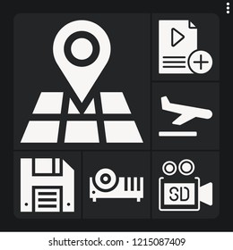 Set of 6 digital filled icons such as playlist, video camera, map, landing, projector