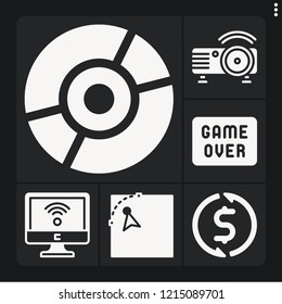 Set of 6 digital filled icons such as projector, wifi, , game over, exchange