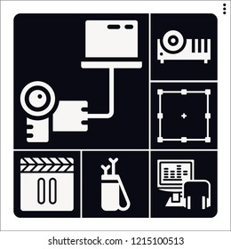 Set of 6 digital filled icons such as arrow, transfer, audio, pause, edit