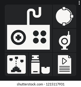 Set of 6 digital filled icons such as playlist, , game, usb, gamepad