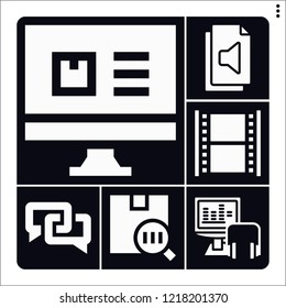 Set of 6 digital filled icons such as audio, audio file, computer, barcode, film