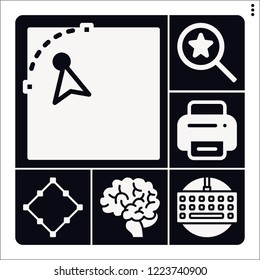 Set of 6 digital filled icons such as brain, keyboard, square, , search