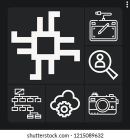 Set of 6 digital outline icons such as camera, drawing tablet, connection, search, cpu