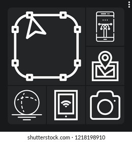 Set of 6 digital outline icons such as sphere, , digital map, camera