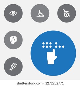 Set of 6 disabled icons set. Collection of wheelchair, no looking, crutches and other elements.