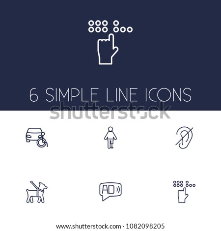 Set of 6 disabled icons line style set. Collection of deafness, prosthesis, audio description and other elements.