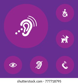 Set Of 6 Disabled Icons Set.Collection Of Blindness, Phone, Hard Of Hearing And Other Elements.