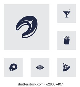 Set Of 6 Dish Icons Set.Collection Of Pepperoni, Spaghetti, Eggs And Other Elements.