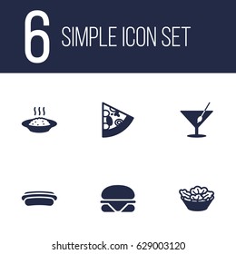 Set Of 6 Dish Icons Set.Collection Of Sausage, Burger, Lettuce And Other Elements.