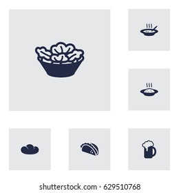 Set Of 6 Dish Icons Set.Collection Of Broth, Mexican Food, Cereal And Other Elements.