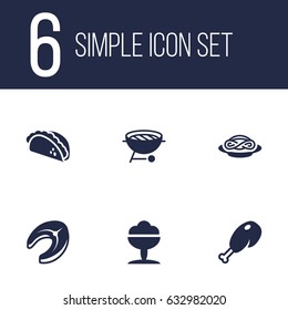 Set Of 6 Dish Icons Set.Collection Of Barbecue, Fried Poultry, Spaghetti And Other Elements.