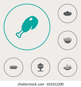 Set Of 6 Dish Icons Set.Collection Of Fried Poultry, Sorbet, Broth And Other Elements.