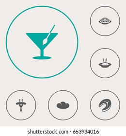 Set Of 6 Dish Icons Set.Collection Of Frankfurter, Baguette, Martini And Other Elements.