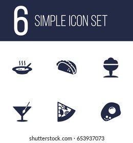 Set Of 6 Dish Icons Set.Collection Of Pepperoni, Eggs, Broth And Other Elements.