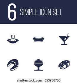 Set Of 6 Dish Icons Set.Collection Of Sausage, Martini, Sorbet And Other Elements.