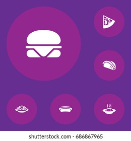 Set Of 6 Dish Icons Set.Collection Of Cereal, Sausage, Burger And Other Elements.