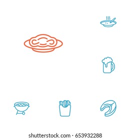 Set Of 6 Dish Outline Icons Set.Collection Of Beer, French Fries, Raw Fish And Other Elements.