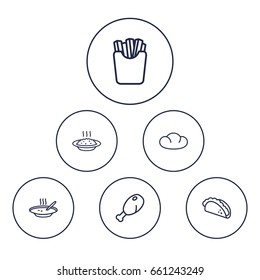 Set Of 6 Dish Outline Icons Set.Collection Of Soup, French Fries, Chicken Leg And Other Elements.