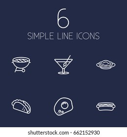 Set Of 6 Dish Outline Icons Set.Collection Of Hotdog, Bbq, Mexican Food And Other Elements.