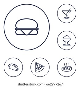 Set Of 6 Dish Outline Icons Set.Collection Of Steak, Cocktail, Sandwich Elements.